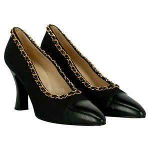 CHANEL Black Heels with Gold Chain Accent